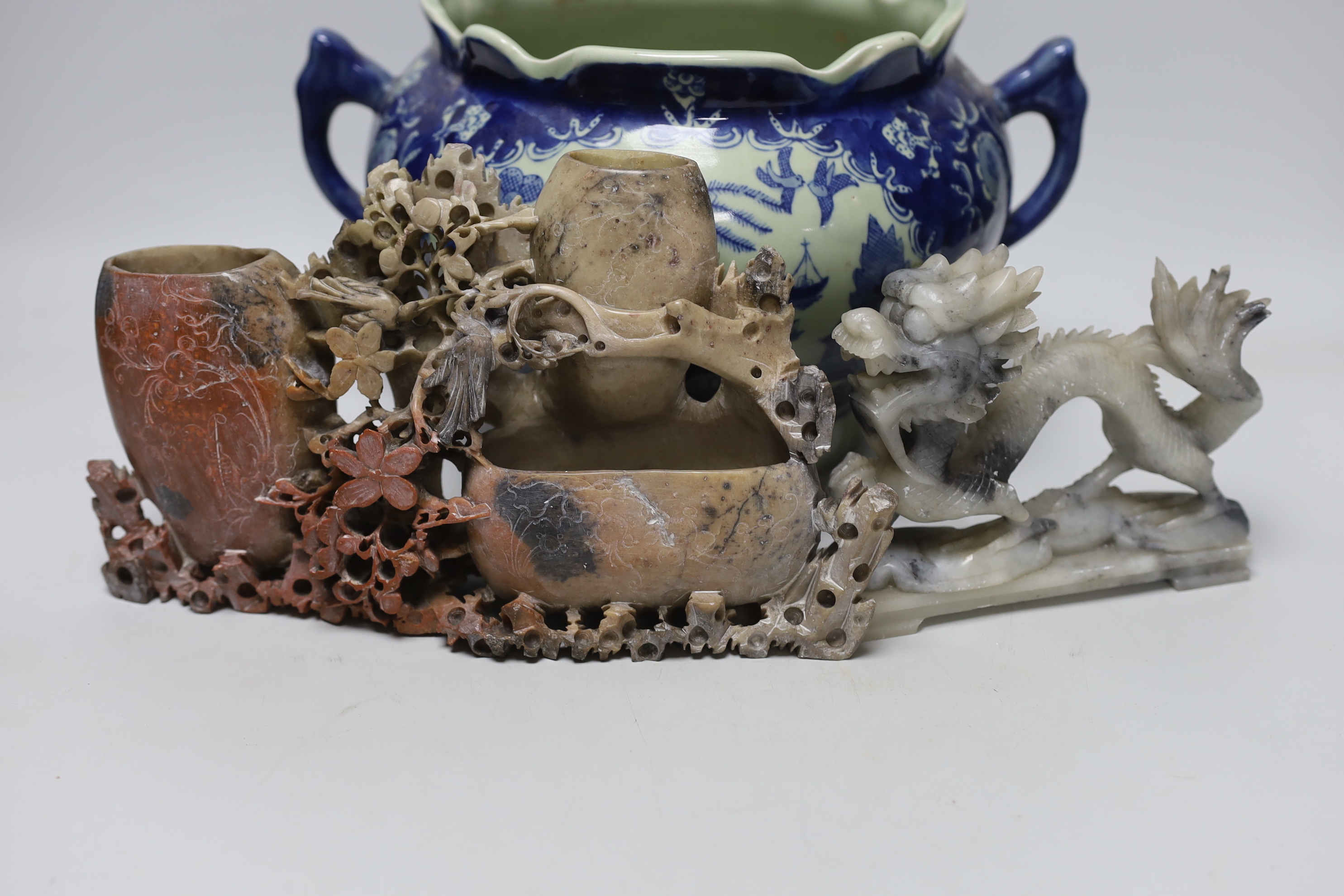 Five Chinese soapstone carvings and a two handled pot